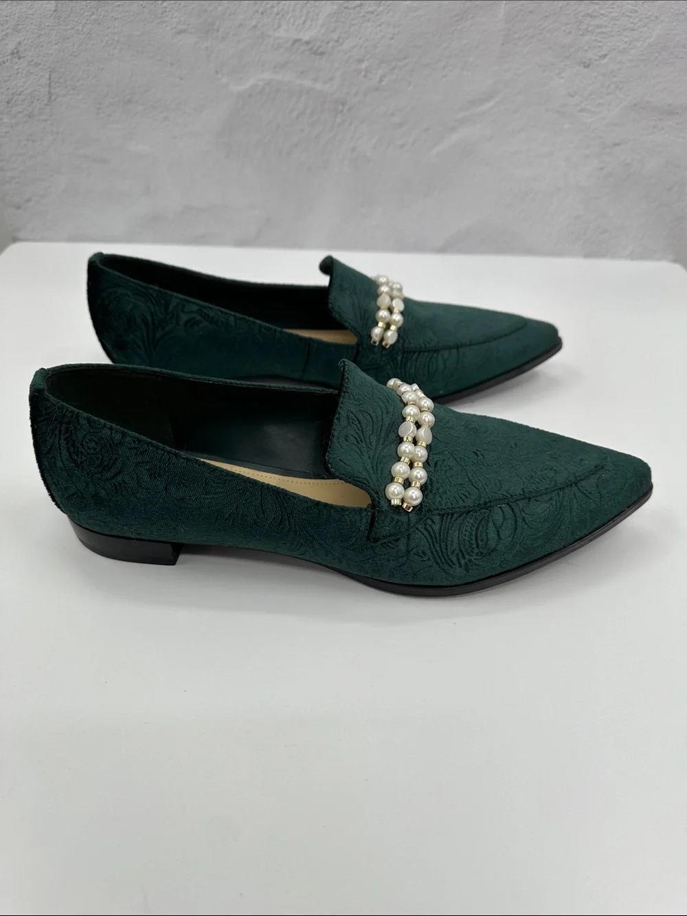 Marc Fisher Kneel Loafers Emerald Green Pearl-Trim Pointed Toe Flats Maximalist